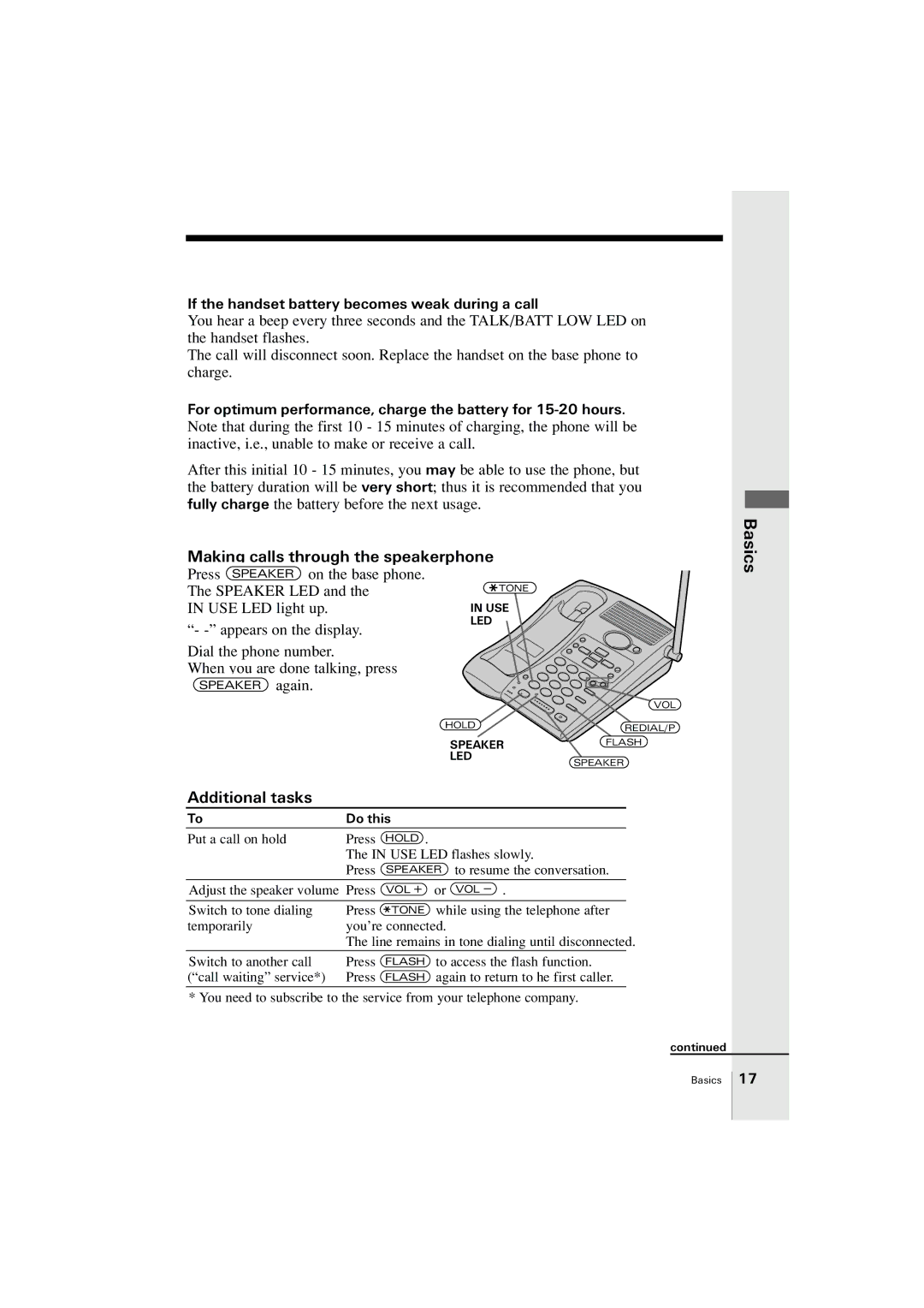 Uniden EXA2955 instruction manual Making calls through the speakerphone, If the handset battery becomes weak during a call 