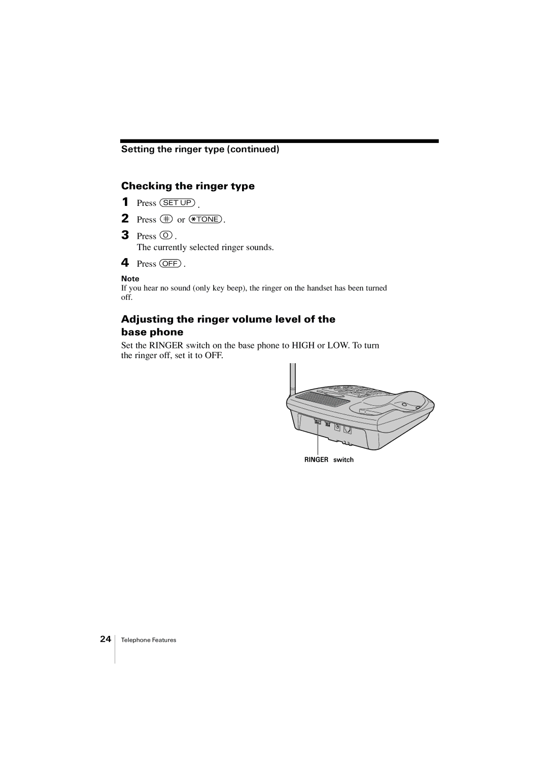 Uniden EXA2955 Checking the ringer type, Adjusting the ringer volume level of the base phone, Setting the ringer type 