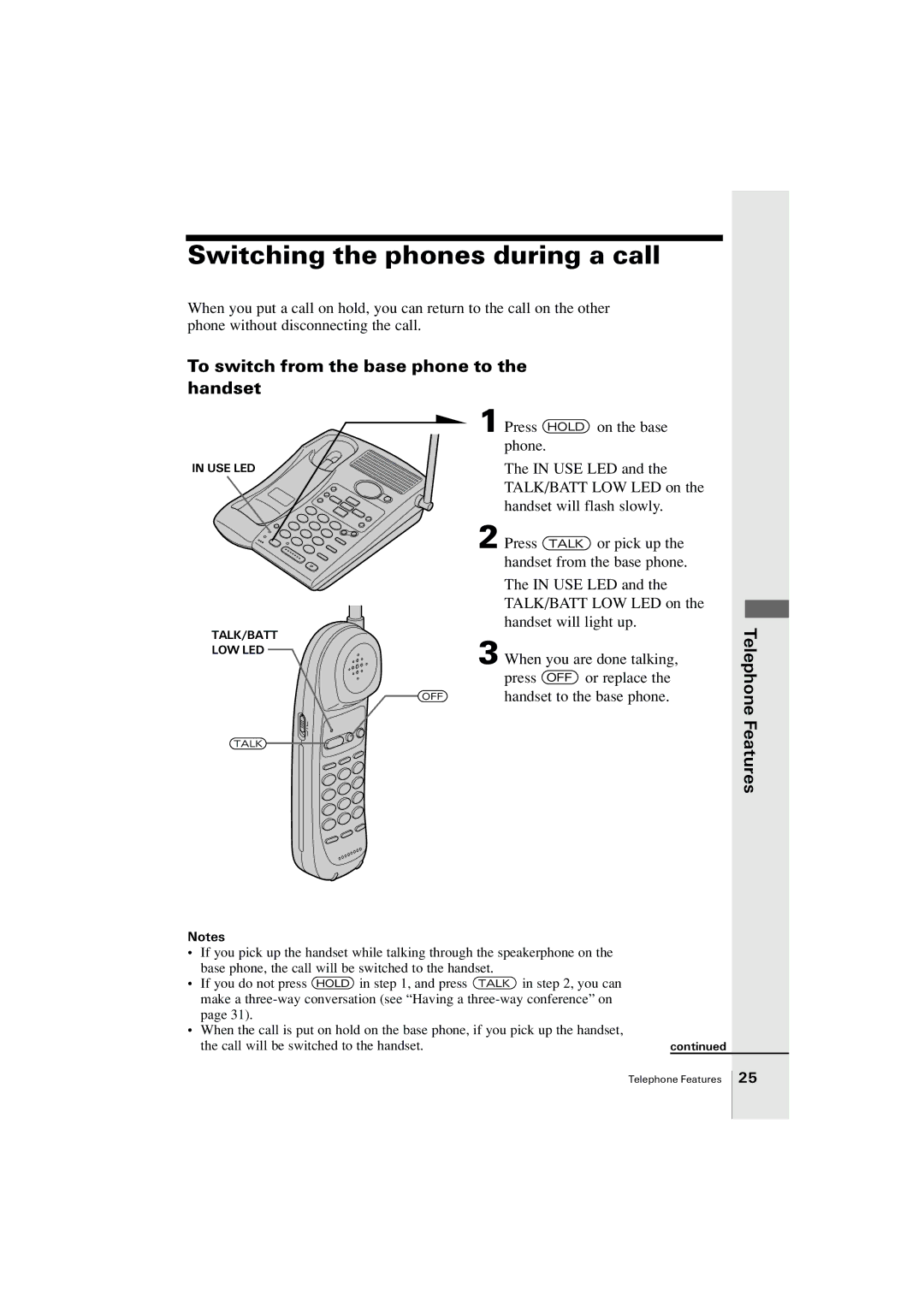 Uniden EXA2955 instruction manual Switching the phones during a call, To switch from the base phone to the handset 