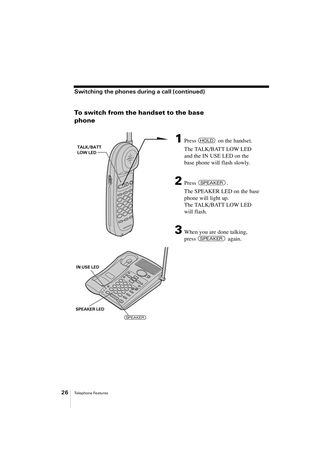 Uniden EXA2955 instruction manual To switch from the handset to the base phone, Switching the phones during a call 