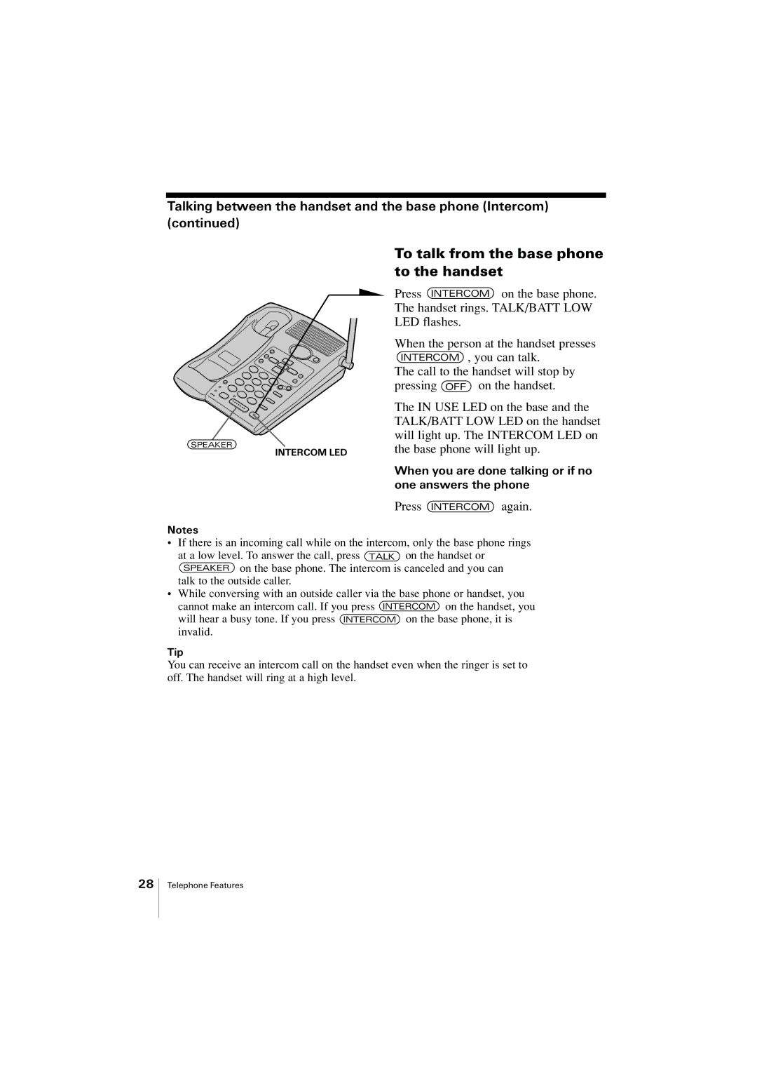 Uniden EXA2955 To talk from the base phone to the handset, Talking between the handset and the base phone Intercom 