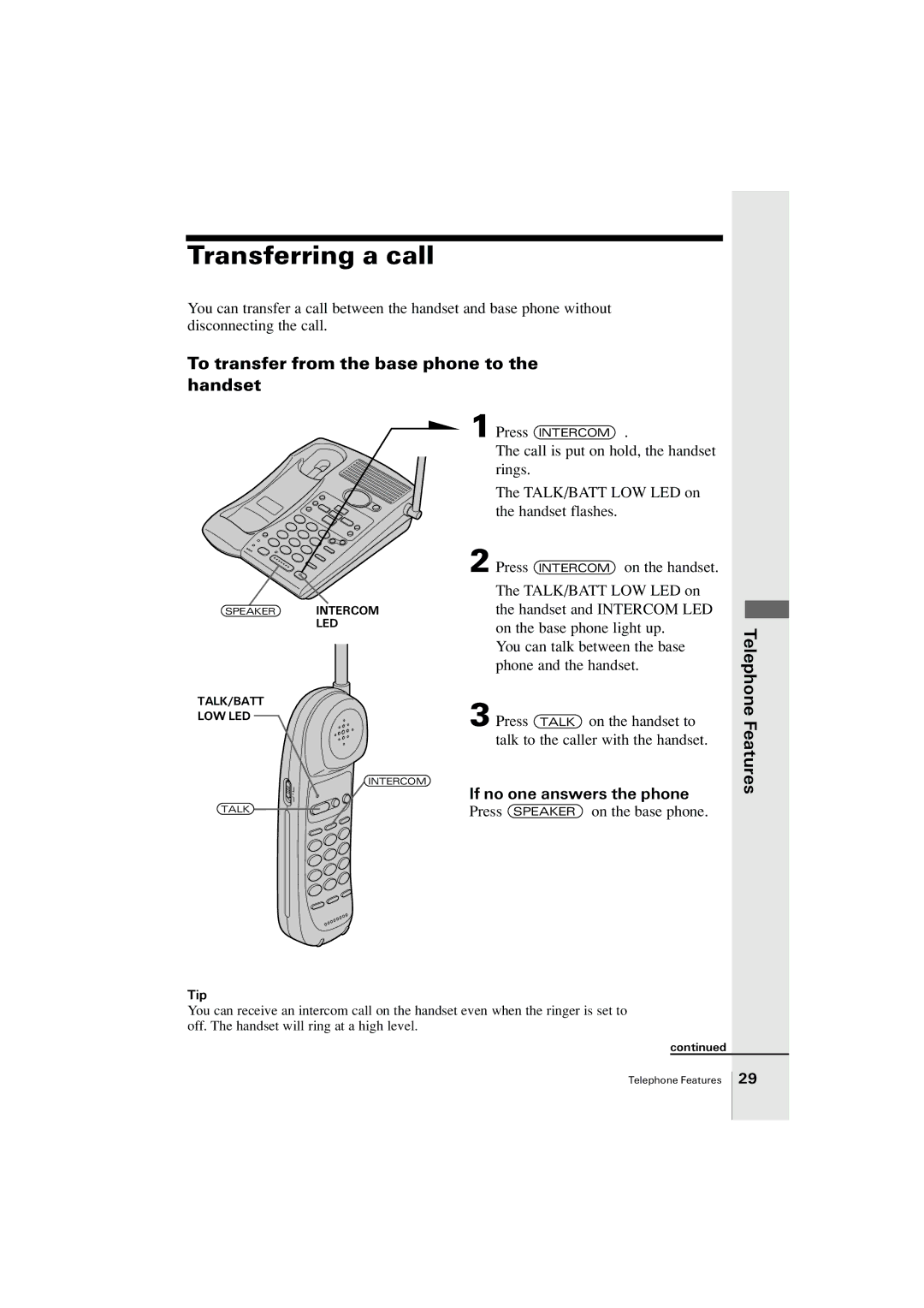 Uniden EXA2955 Transferring a call, To transfer from the base phone to the handset, If no one answers the phone 