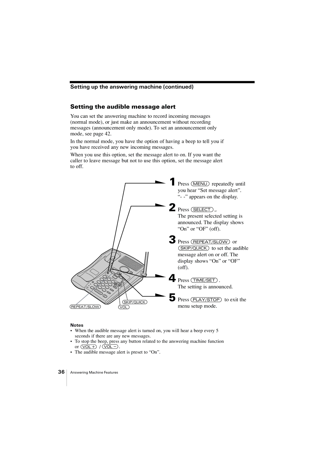 Uniden EXA2955 instruction manual Setting the audible message alert 