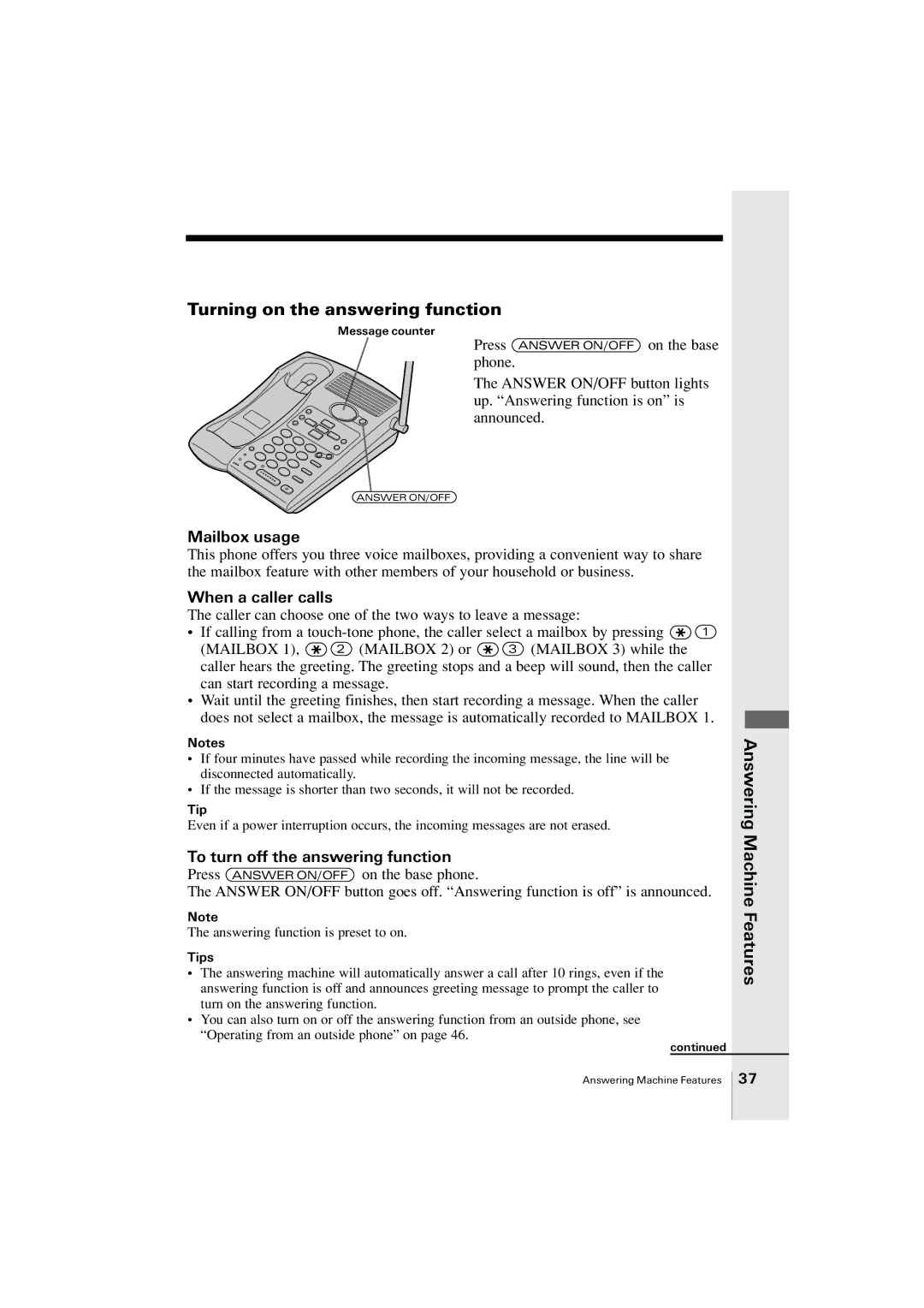 Uniden EXA2955 Turning on the answering function, Mailbox usage, When a caller calls, To turn off the answering function 