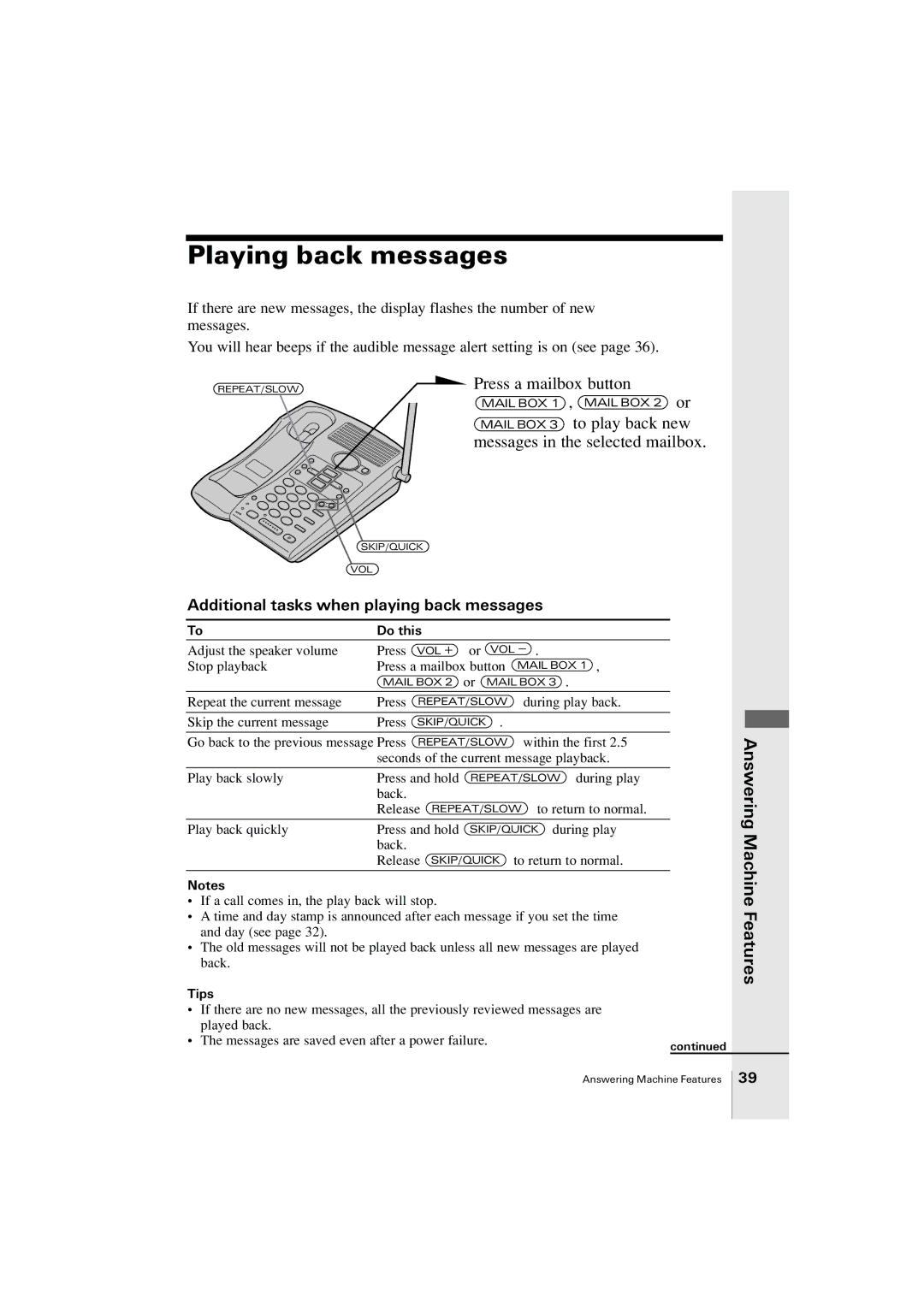 Uniden EXA2955 instruction manual Playing back messages, Additional tasks when playing back messages 