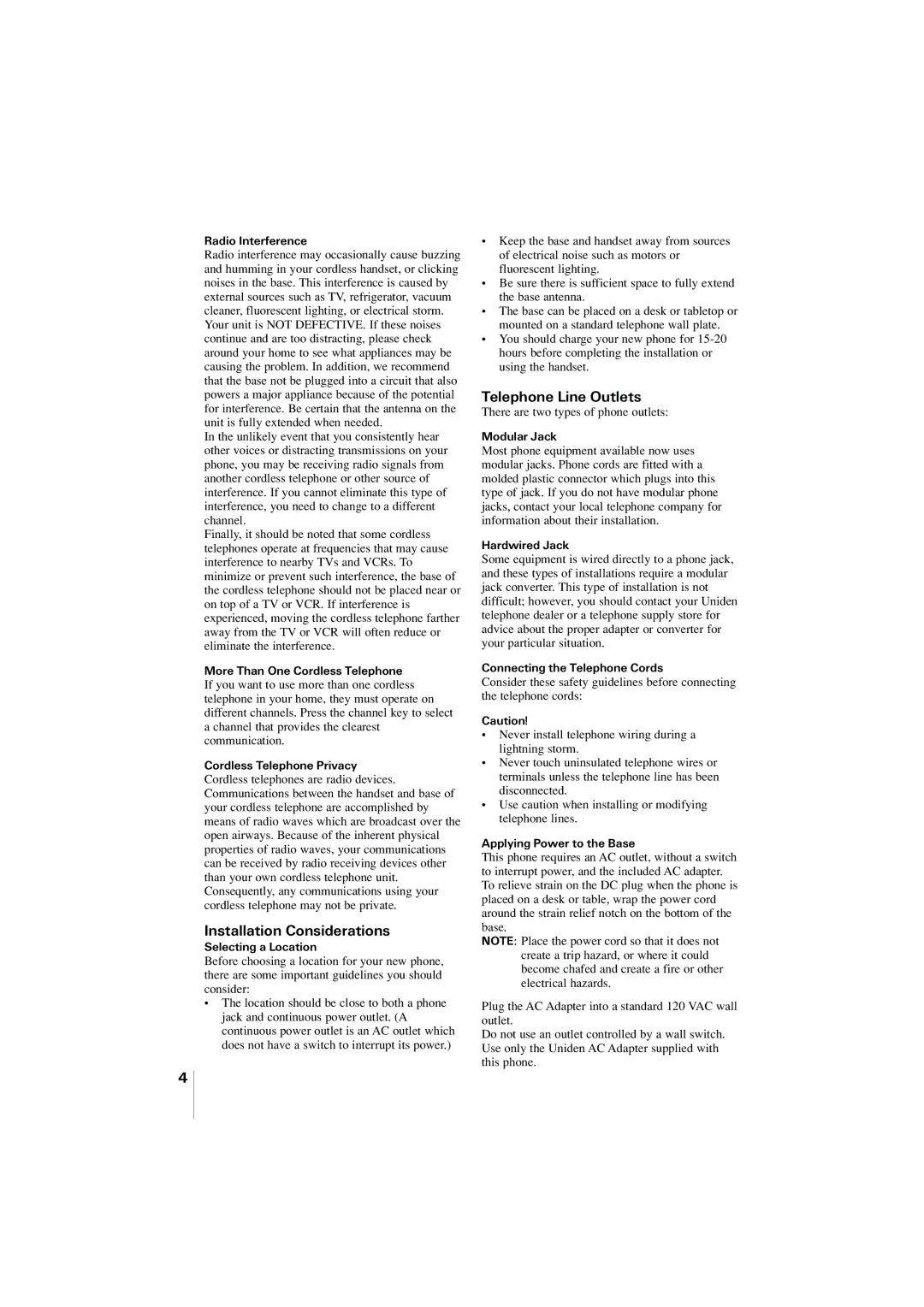 Uniden EXA2955 instruction manual Installation Considerations, Telephone Line Outlets 