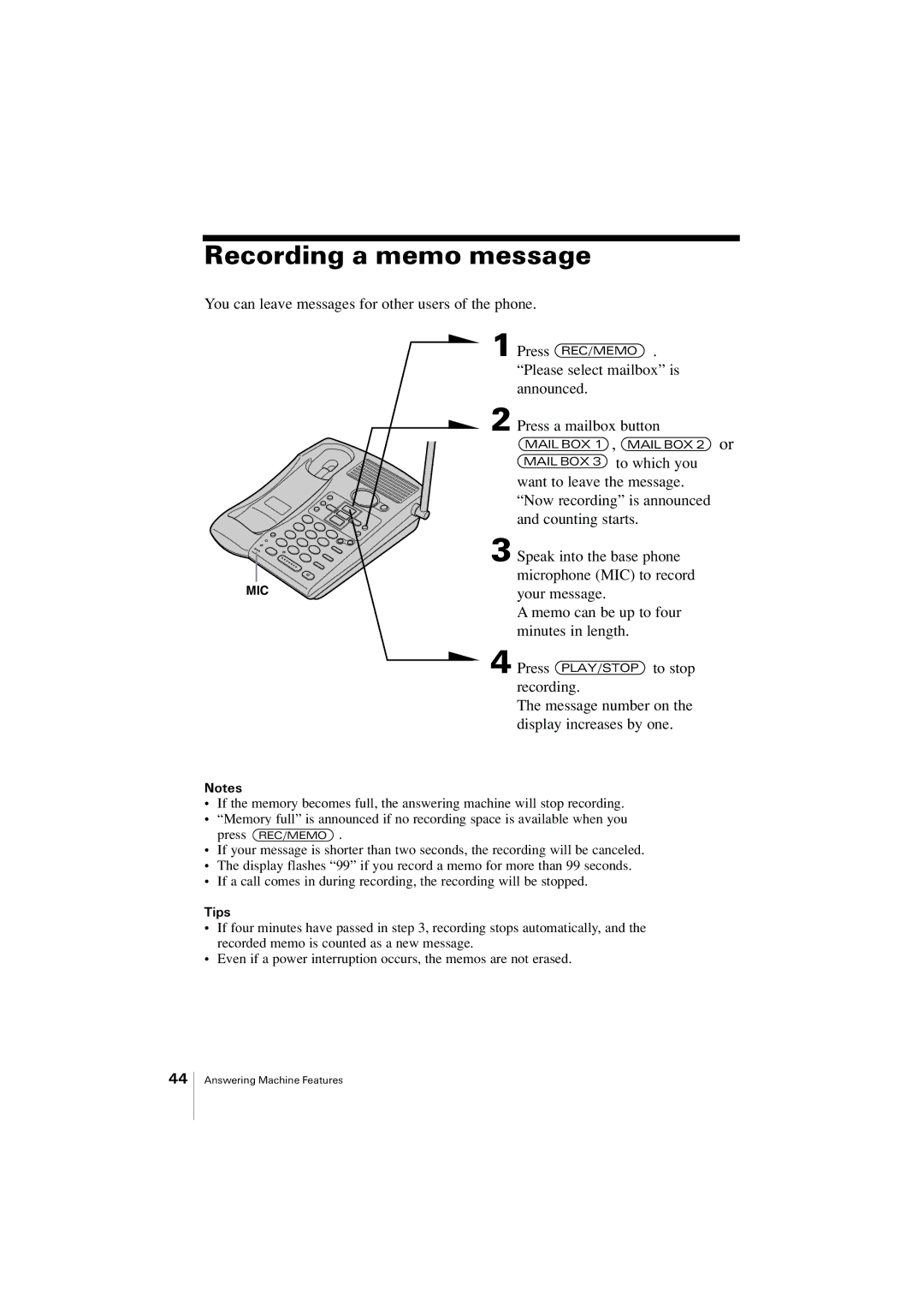 Uniden EXA2955 instruction manual Recording a memo message, Tips 