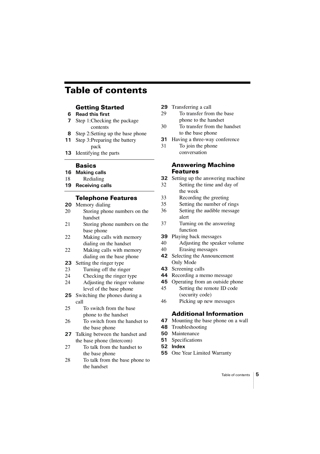 Uniden EXA2955 instruction manual Table of contents 