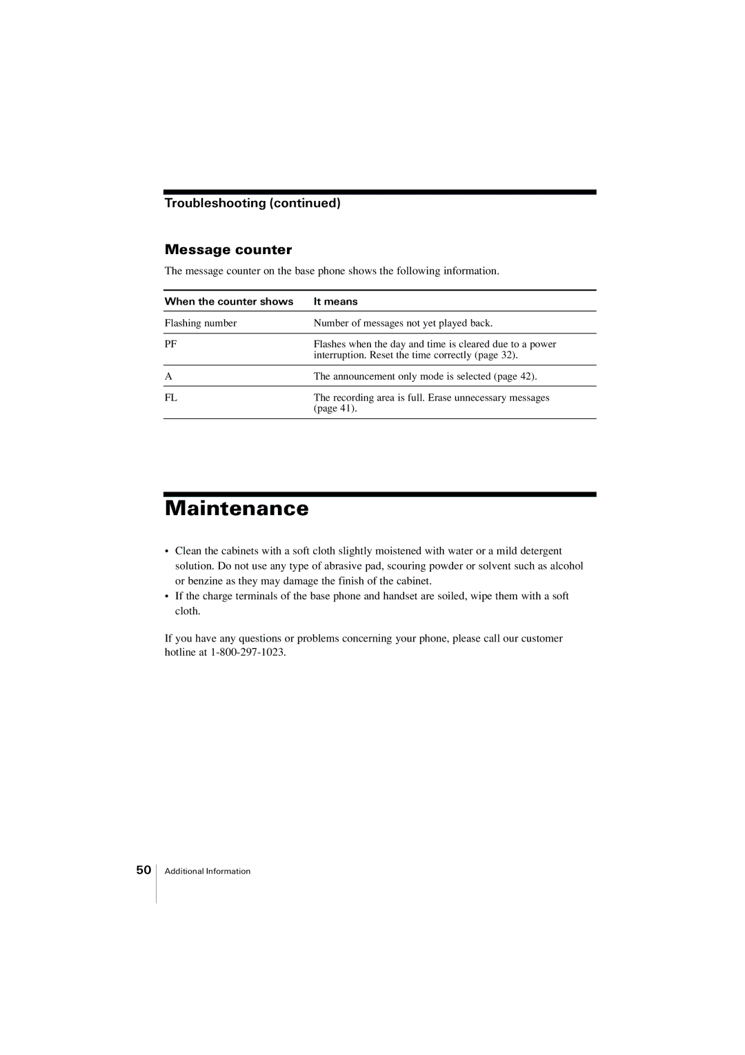 Uniden EXA2955 instruction manual Maintenance, Message counter, Troubleshooting, When the counter shows It means 