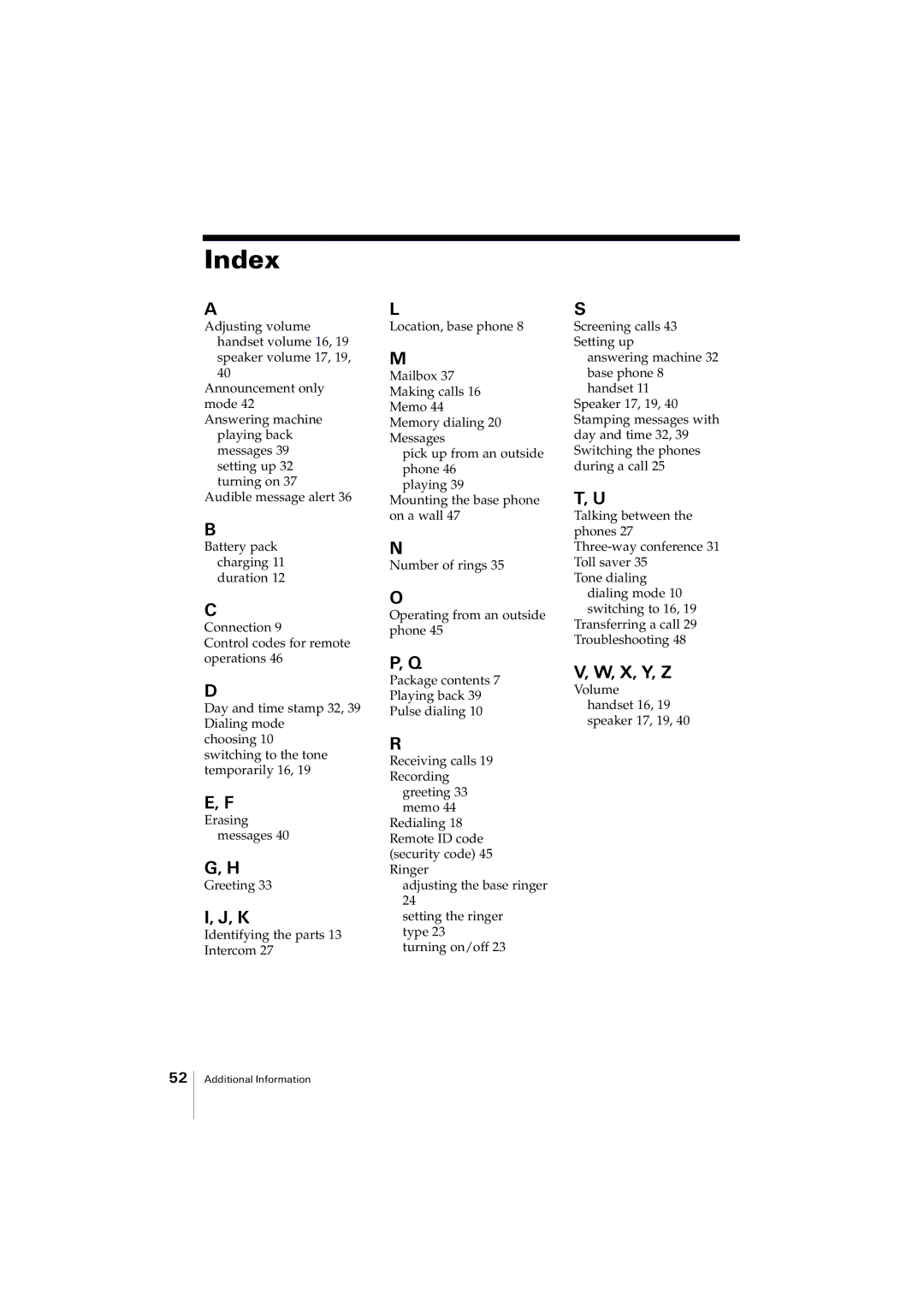 Uniden EXA2955 instruction manual Index, X, Y, Z 