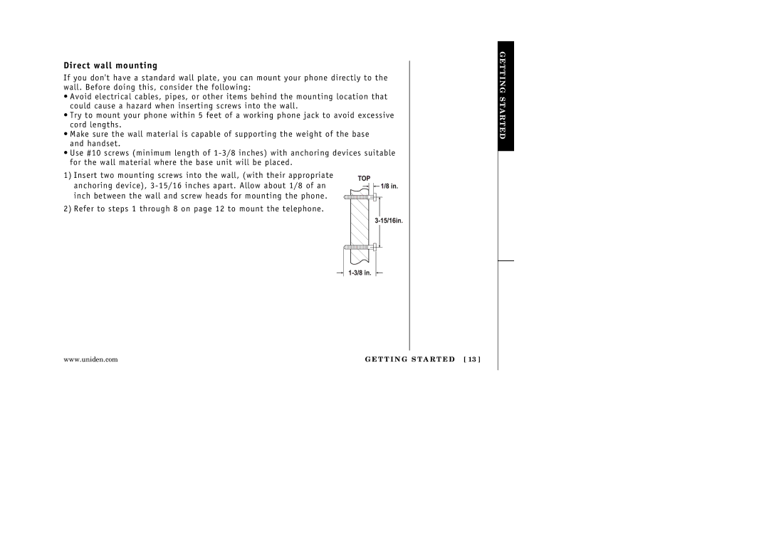 Uniden EXA3245 manual Direct wall mounting 