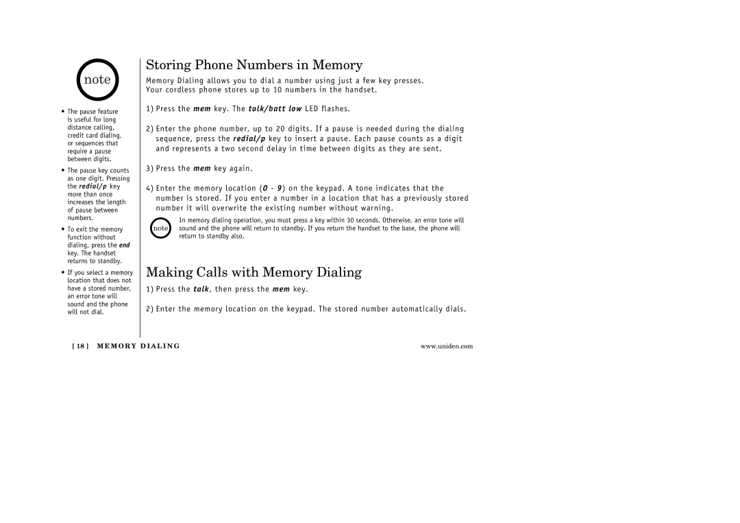 Uniden EXA3245 manual Storing Phone Numbers in Memory, Making Calls with Memory Dialing 