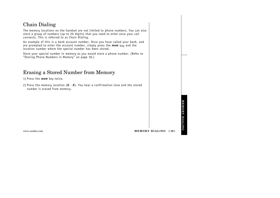 Uniden EXA3245 manual Chain Dialing, Erasing a Stored Number from Memory 