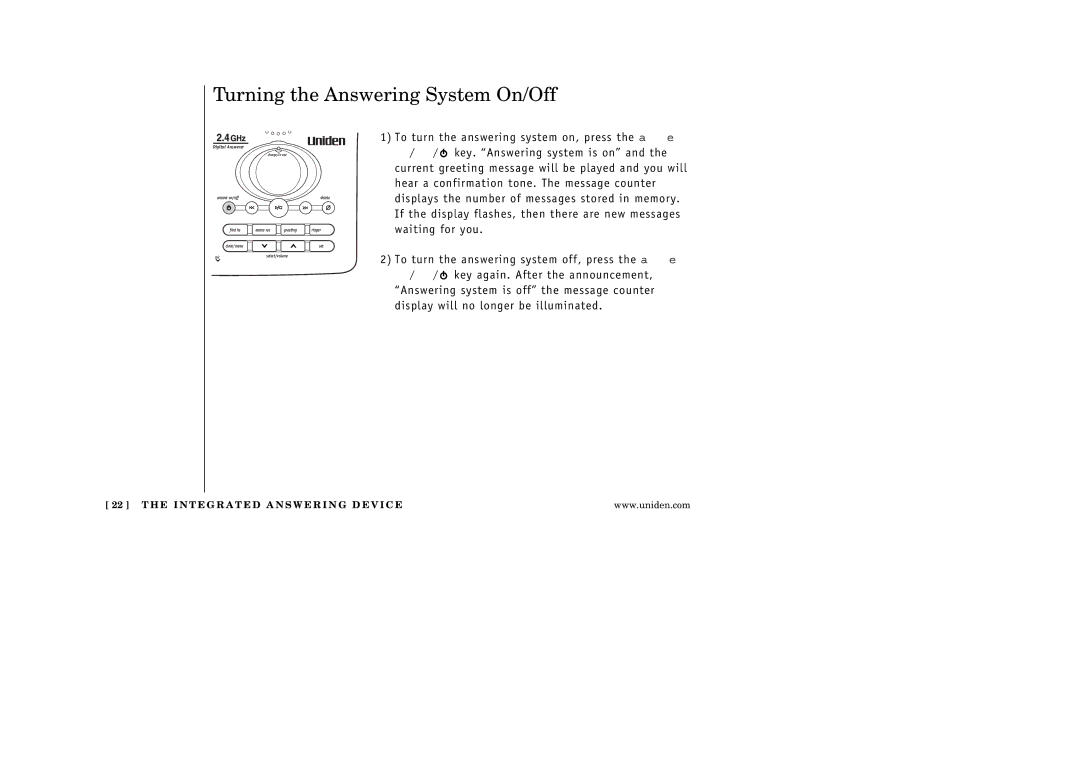 Uniden EXA3245 manual Turning the Answering System On/Off 