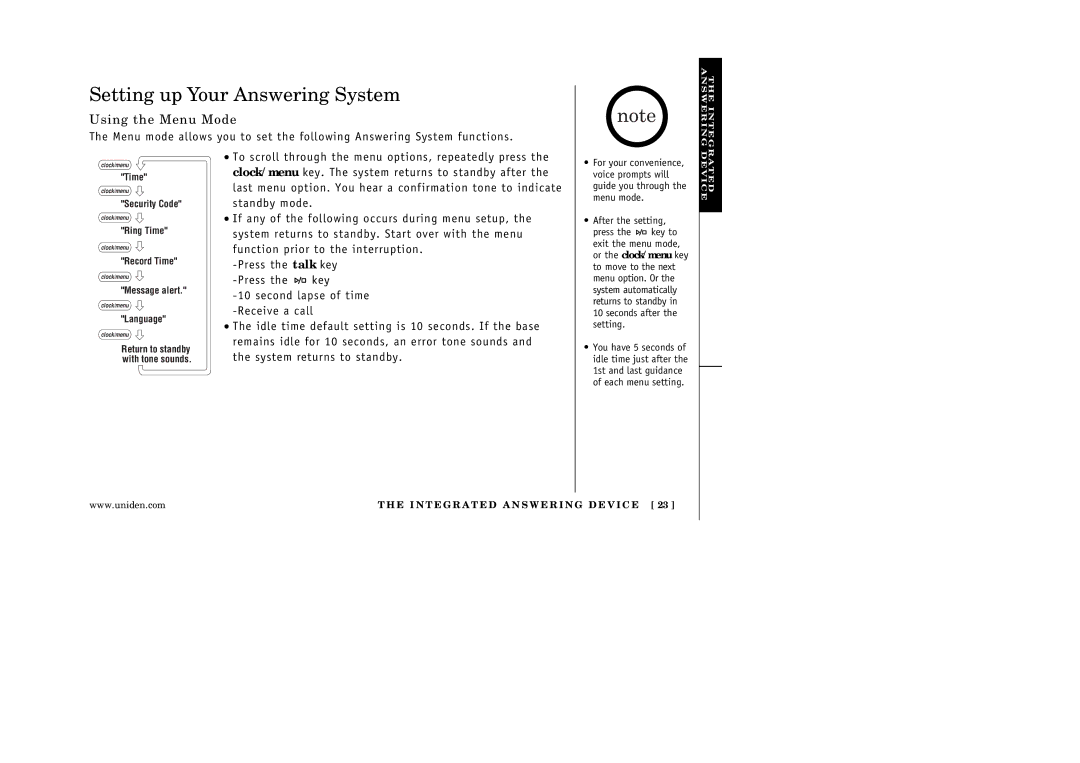 Uniden EXA3245 manual Setting up Your Answering System, Using the Menu Mode 