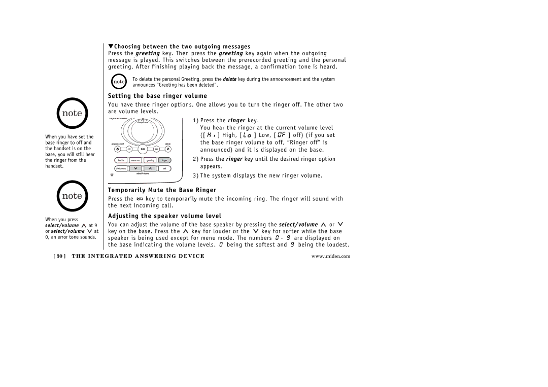 Uniden EXA3245 manual Setting the base ringer volume, Temporarily Mute the Base Ringer, Adjusting the speaker volume level 