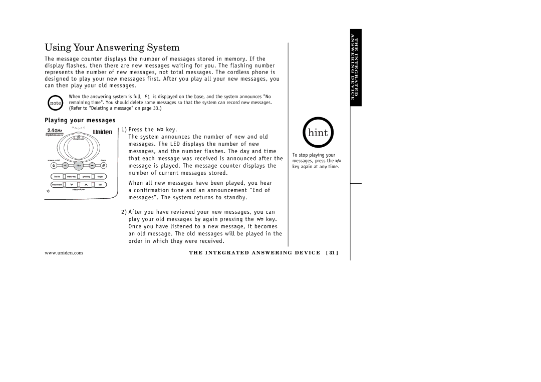 Uniden EXA3245 manual Using Your Answering System, Playing your messages 