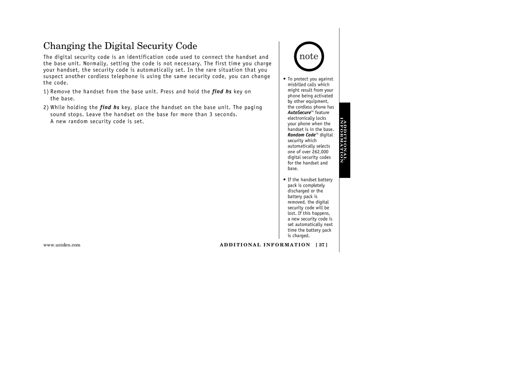 Uniden EXA3245 manual Changing the Digital Security Code 