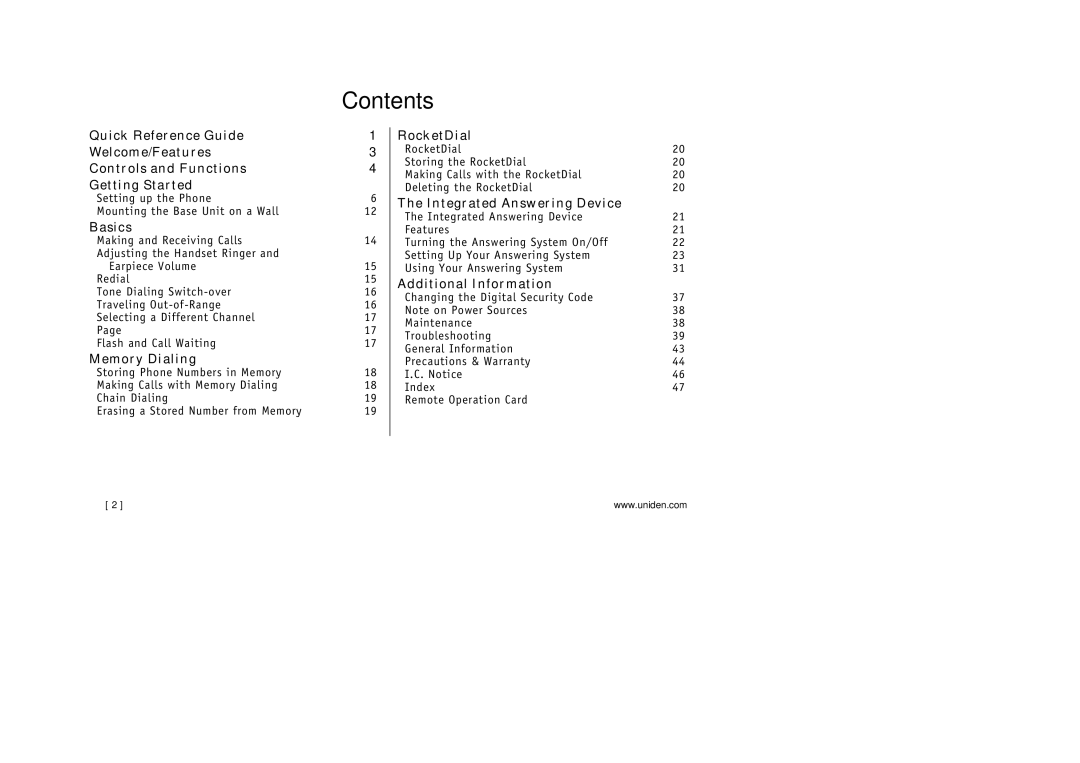 Uniden EXA3245 manual Contents 