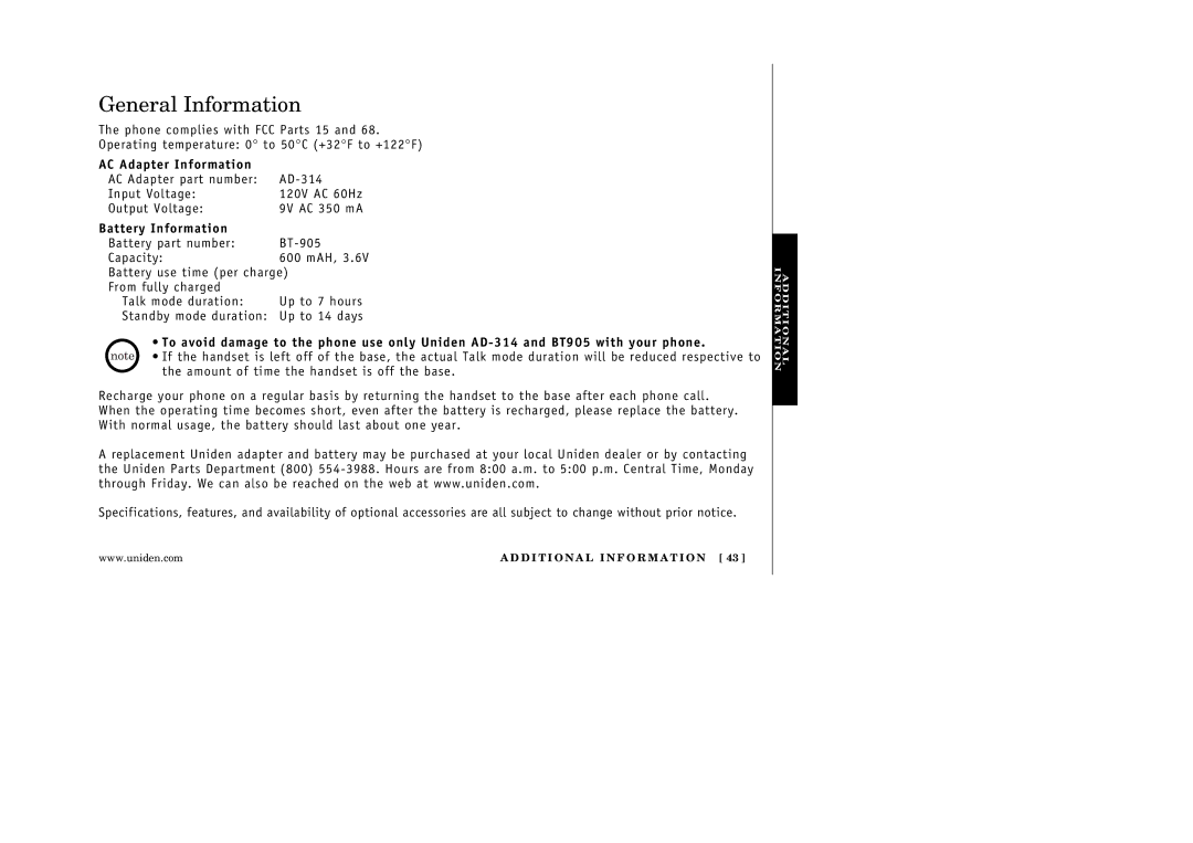 Uniden EXA3245 manual General Information, AC Adapter Information, Battery Information 