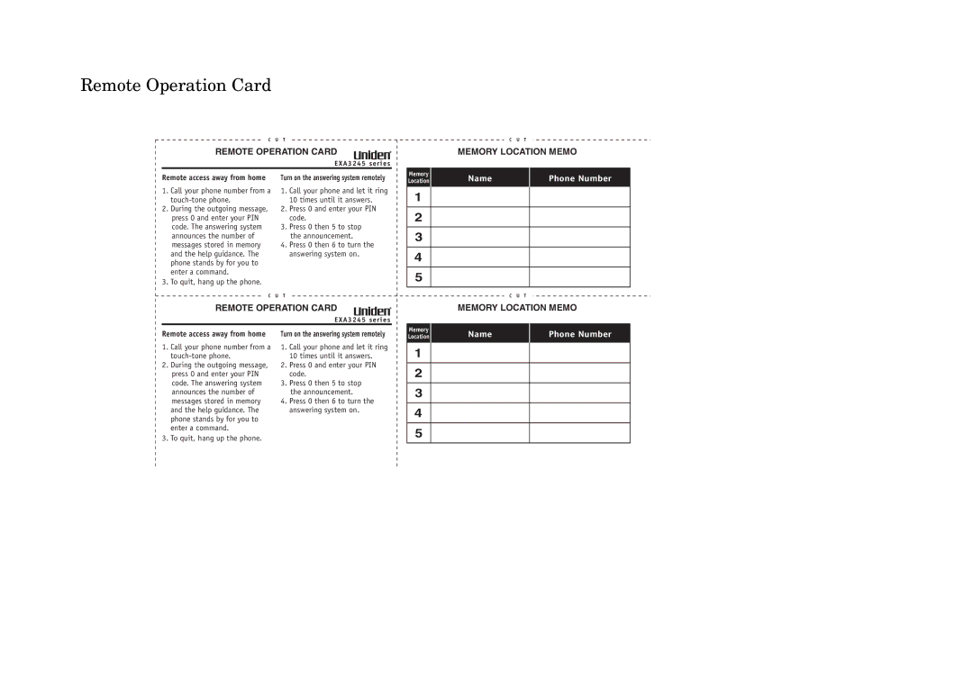 Uniden EXA3245 manual Remote Operation Card, Name 