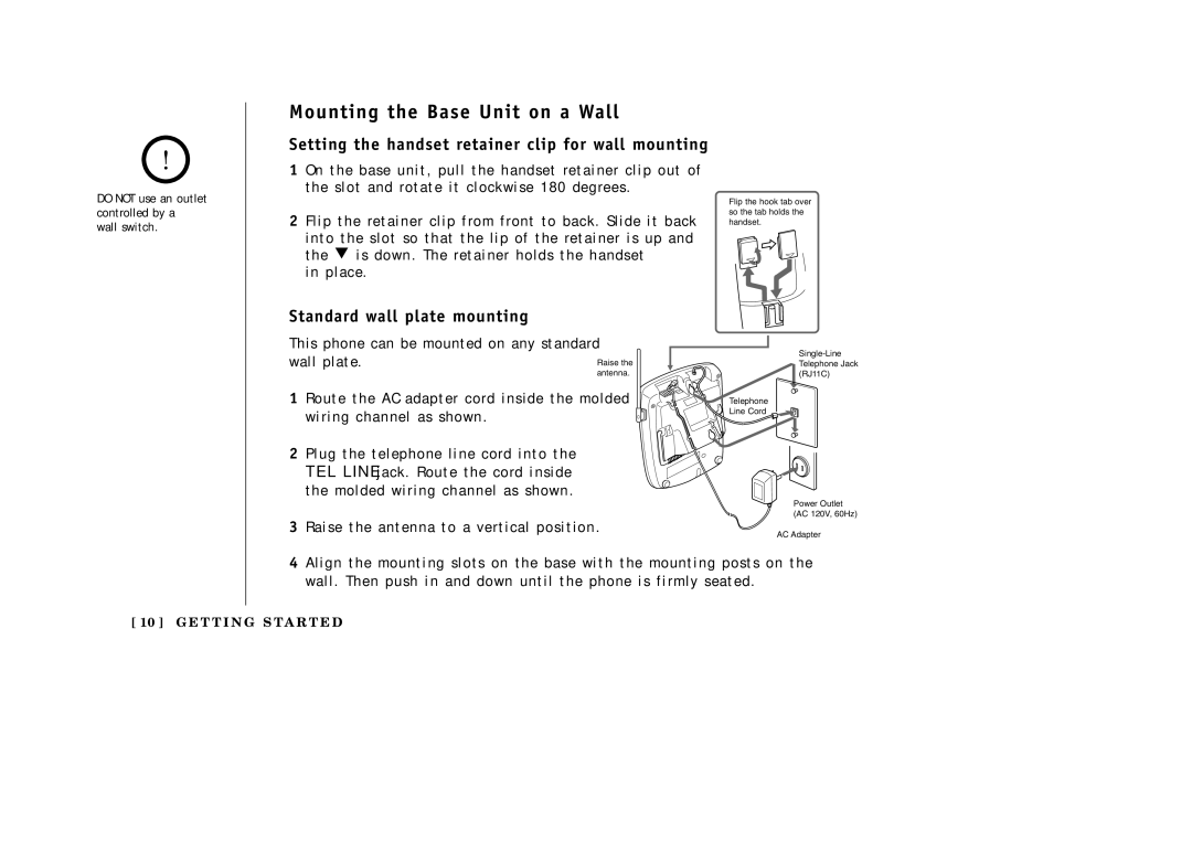 Uniden EXA3955 manual Setting the handset retainer clip for wall mounting, Standard wall plate mounting 