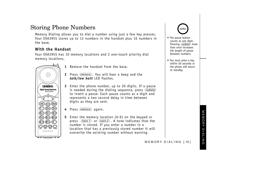 Uniden EXA3955 manual Storing Phone Numbers, With the Handset 