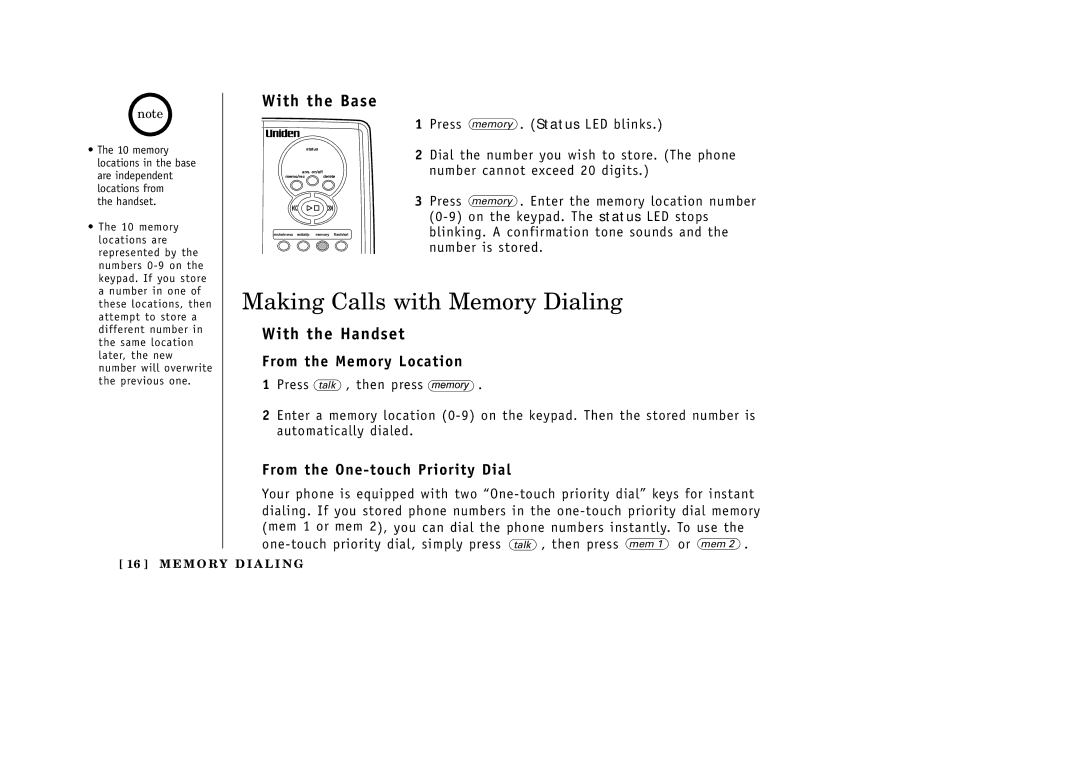 Uniden EXA3955 Making Calls with Memory Dialing, With the Base, From the Memory Location, From the One-touch Priority Dial 