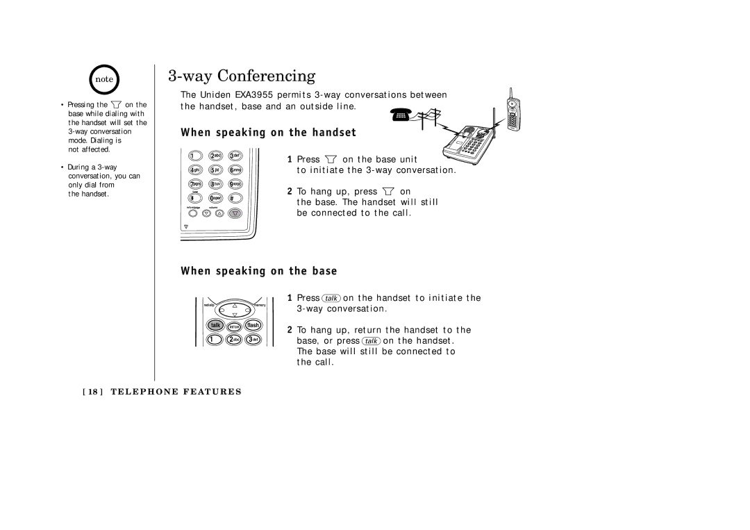 Uniden EXA3955 manual Way Conferencing, When speaking on the handset, When speaking on the base 