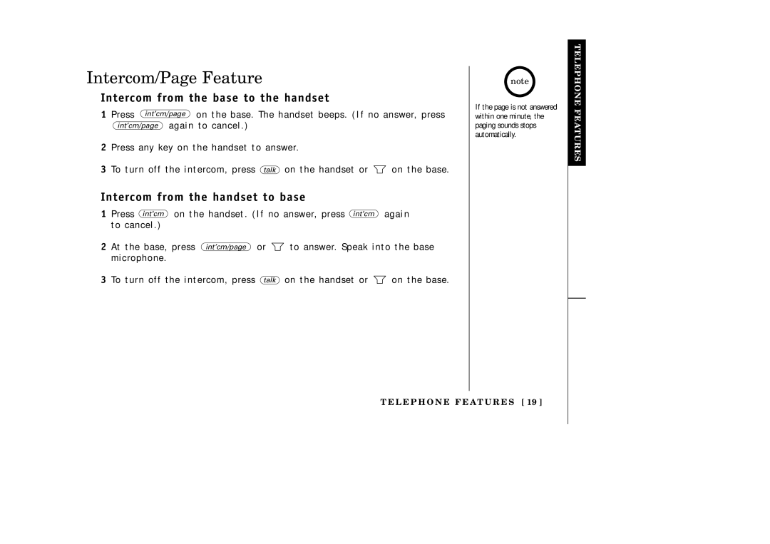 Uniden EXA3955 manual Intercom/Page Feature, Intercom from the base to the handset, Intercom from the handset to base 