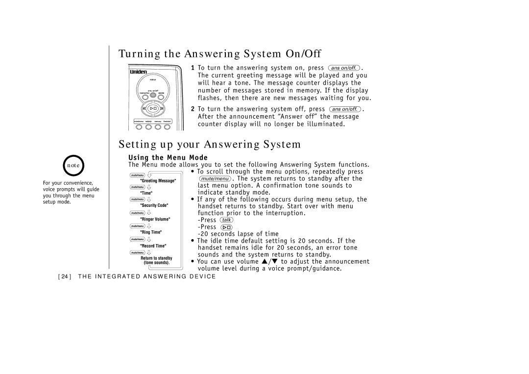 Uniden EXA3955 manual Turning the Answering System On/Off, Setting up your Answering System, Using the Menu Mode 