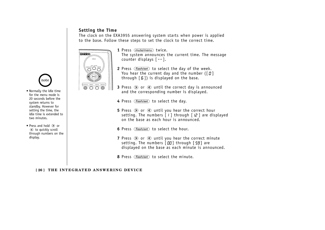 Uniden EXA3955 manual Setting the Time, To select the minute 