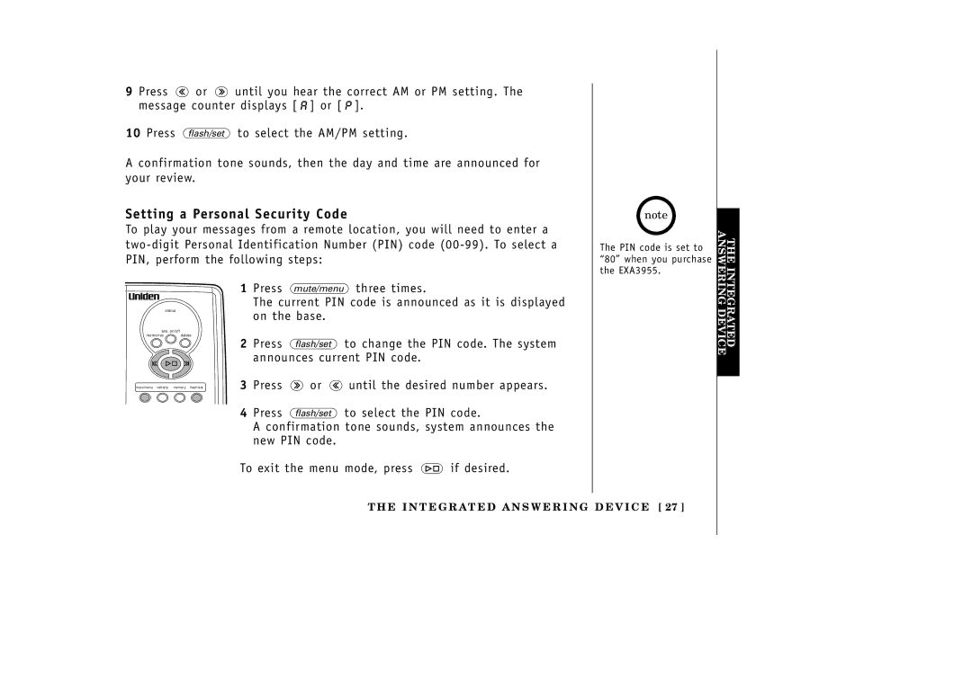 Uniden EXA3955 manual Setting a Personal Security Code 