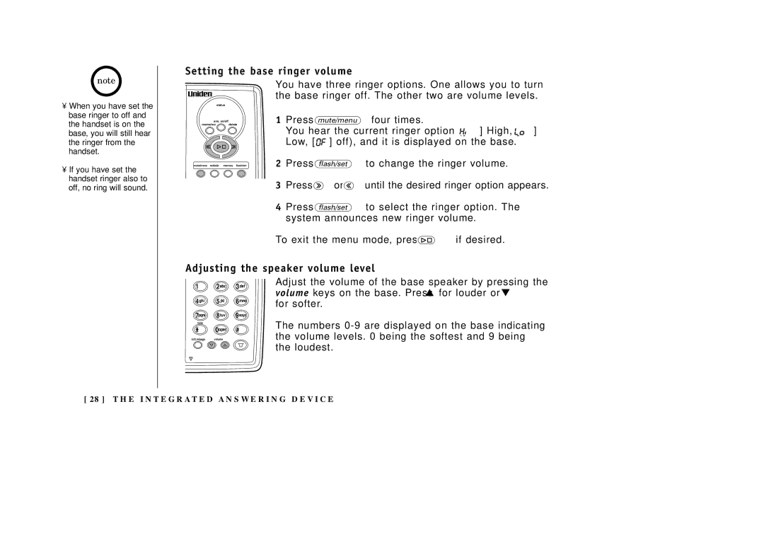 Uniden EXA3955 Setting the base ringer volume, Adjusting the speaker volume level, Four times, To select the ringer option 