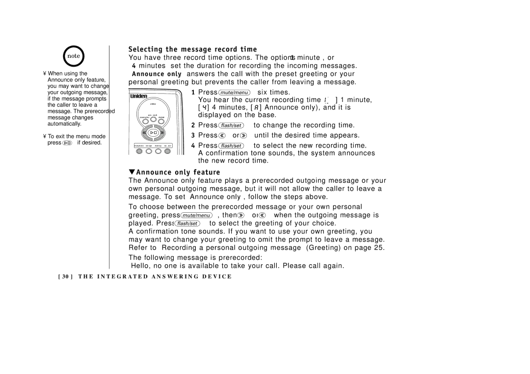 Uniden EXA3955 manual Selecting the message record time, Announce only feature 