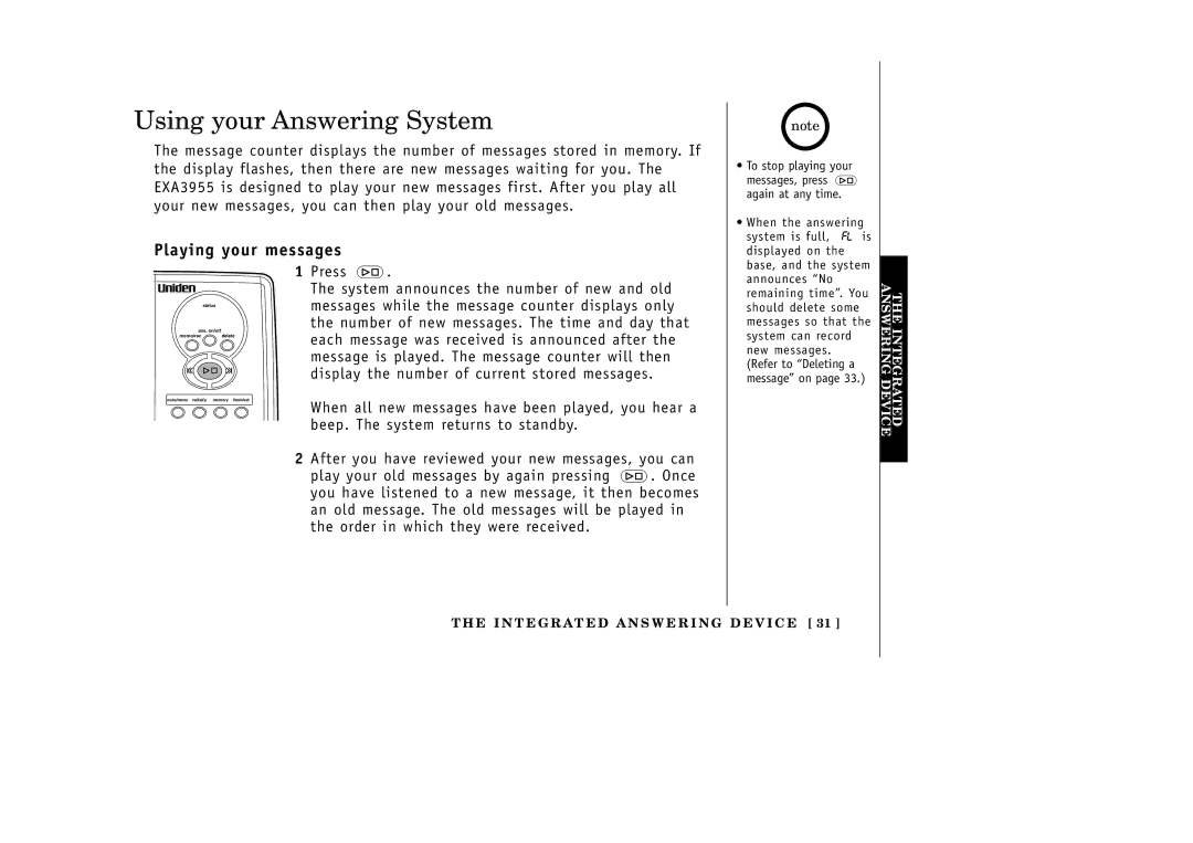 Uniden EXA3955 manual Using your Answering System, Playing your messages 