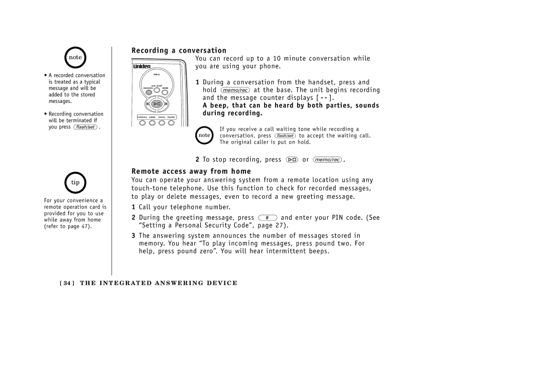 Uniden EXA3955 manual Recording a conversation, Remote access away from home, To stop recording, press or memo/rec 