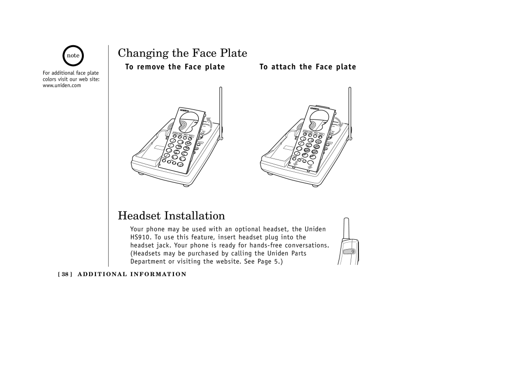 Uniden EXA3955 manual Changing the Face Plate, Headset Installation, To remove the Face plate To attach the Face plate 