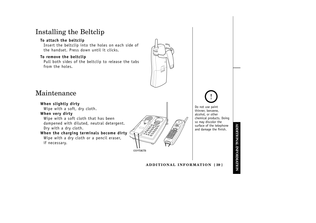 Uniden EXA3955 manual Installing the Beltclip, Maintenance 