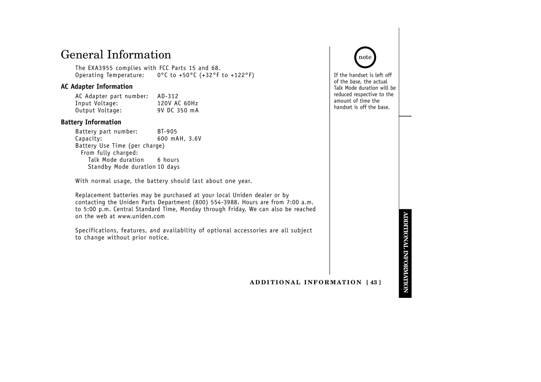 Uniden EXA3955 manual General Information, AC Adapter Information, Battery Information 