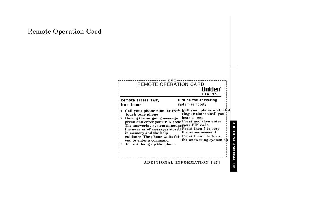 Uniden EXA3955 manual Remote Operation Card, Remote access away from home 