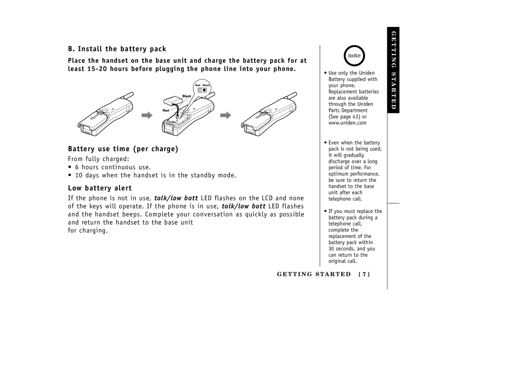 Uniden EXA3955 manual Install the battery pack, Battery use time per charge, Low battery alert 