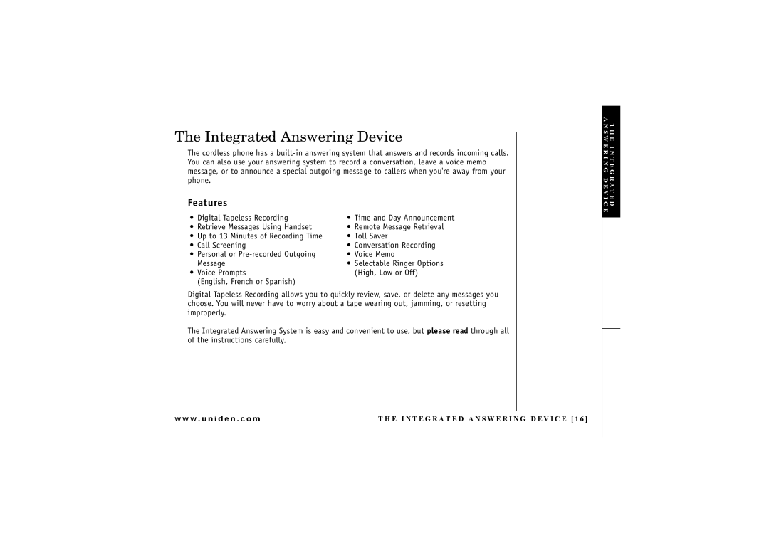 Uniden EXA7250 owner manual Integrated Answering Device, Features 