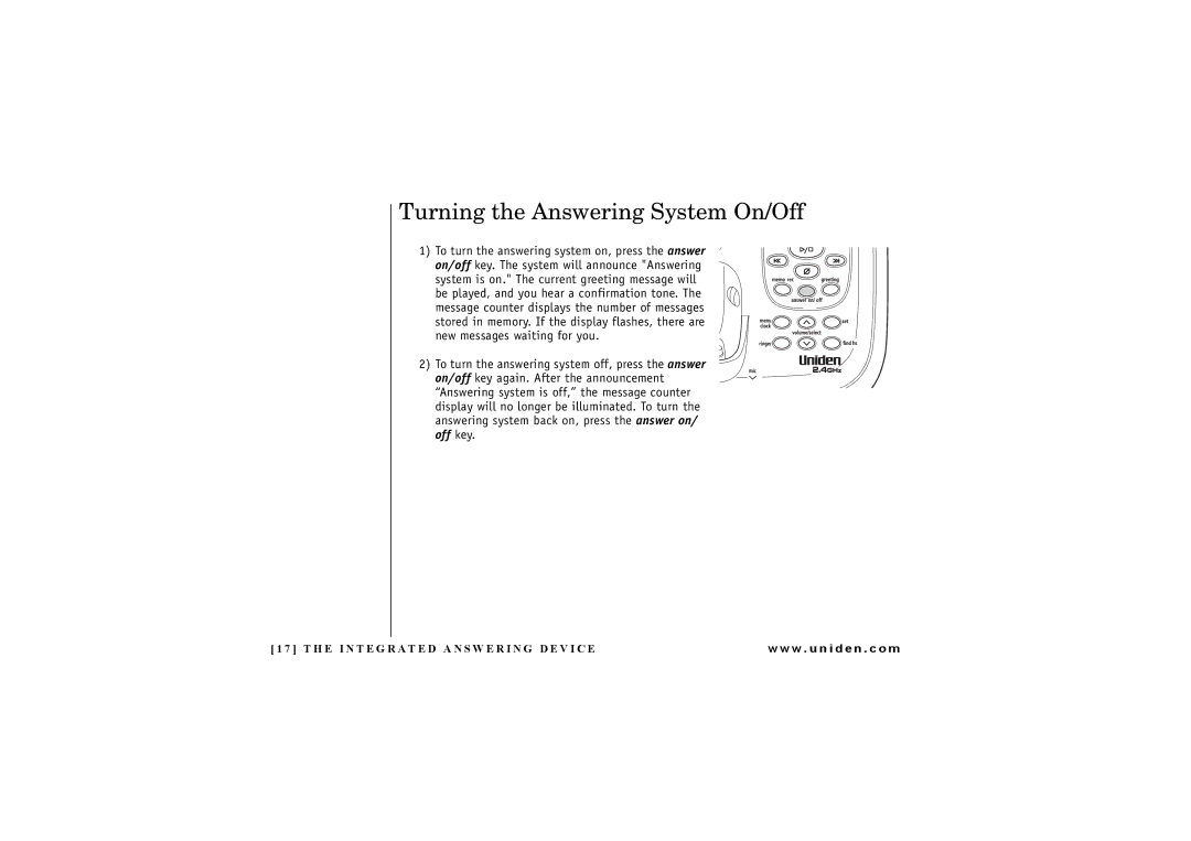 Uniden EXA7250 owner manual Turning the Answering System On/Off 