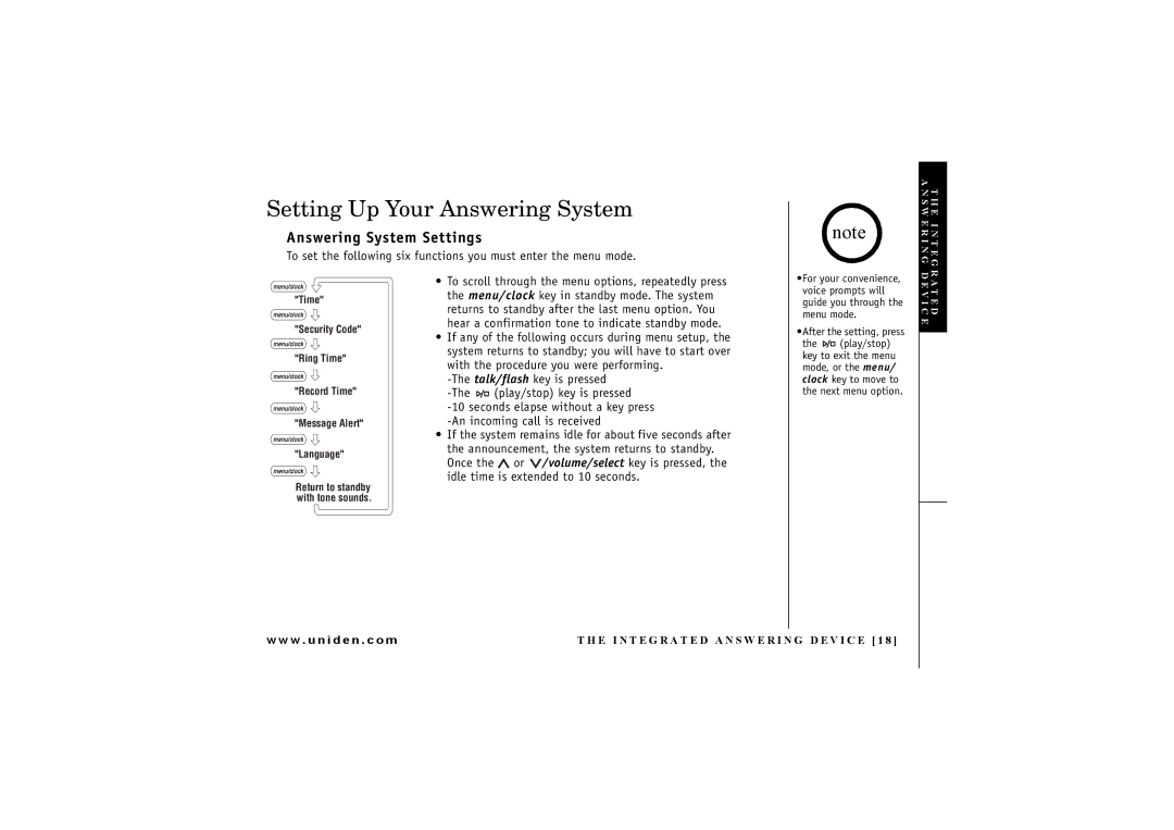 Uniden EXA7250 owner manual Setting Up Your Answering System, Answering System Settings 