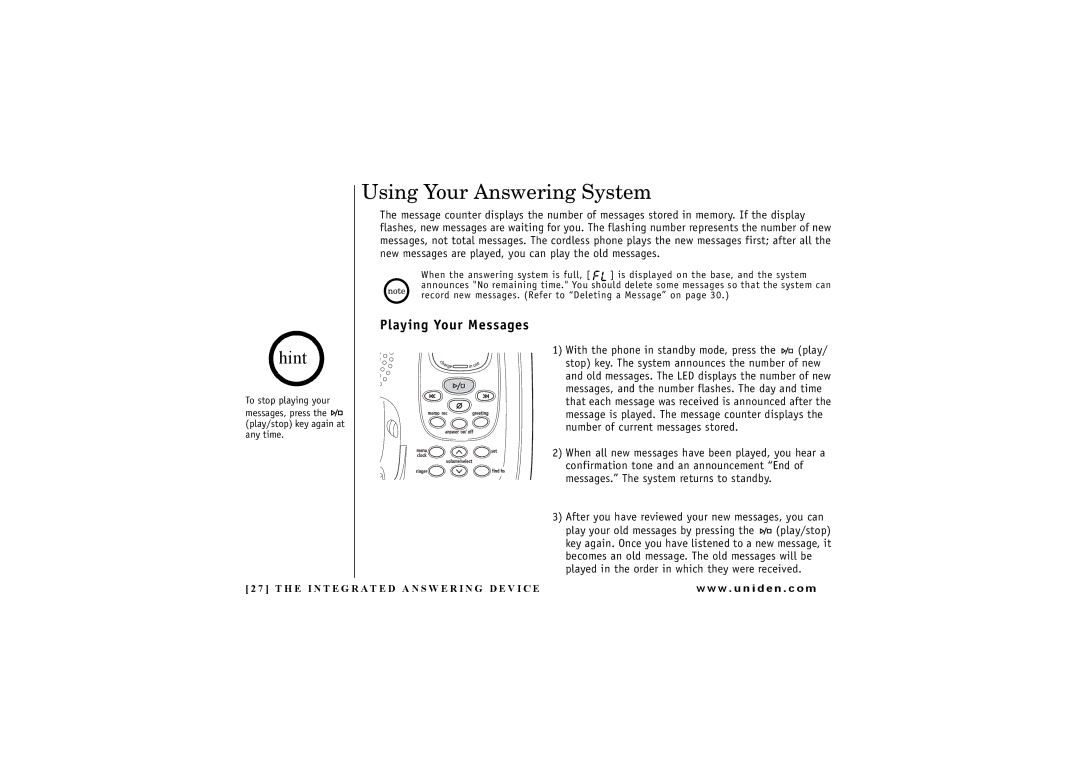 Uniden EXA7250 owner manual Using Your Answering System, Playing Your Messages 