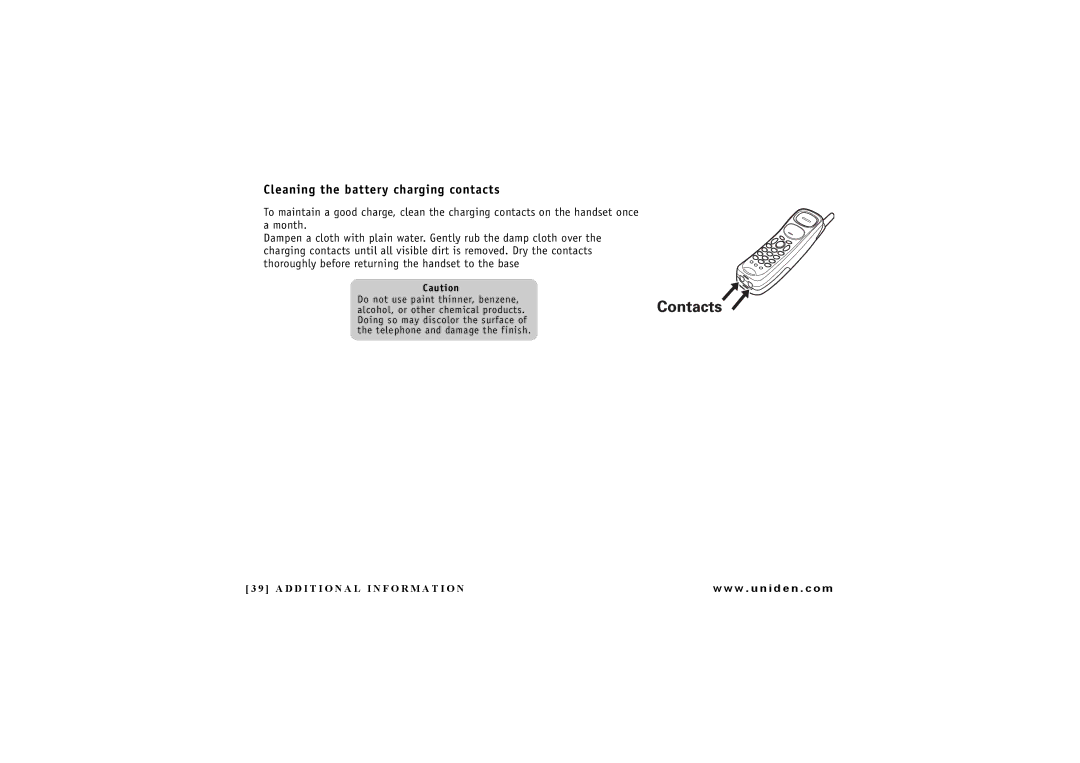 Uniden EXA7250 owner manual Cleaning the battery charging contacts 