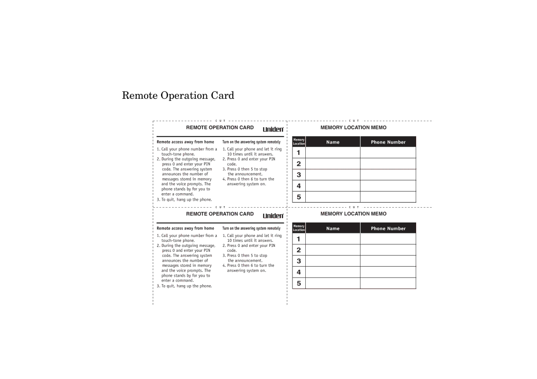 Uniden EXA7250 owner manual Remote Operation Card Memory Location Memo 