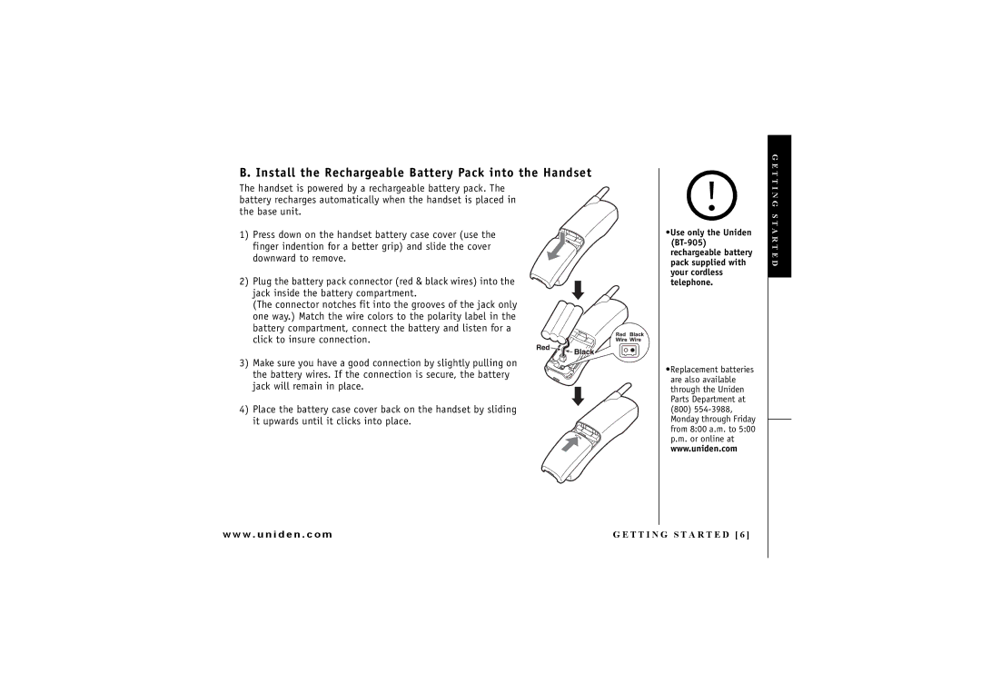 Uniden EXA7250 owner manual Install the Rechargeable Battery Pack into the Handset 