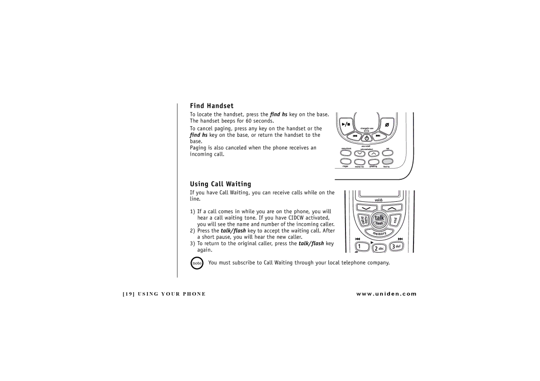 Uniden EXAI 4248 owner manual Find Handset, Using Call Waiting 